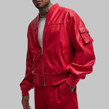 Load image into Gallery viewer, Men Red Oversized Leather Bomber Jacket