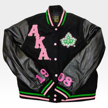 Load image into Gallery viewer, Black Cropped Varsity Jacket with Leather Sleeves