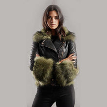 Load image into Gallery viewer, Black Leather Biker Jacket with Green Faux Fur Collar and Trim
