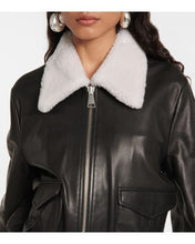 Load image into Gallery viewer, Black Leather Jacket for Women with White Shearling