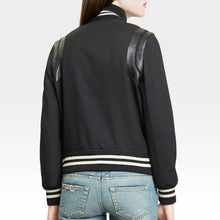 Load image into Gallery viewer, Black Varsity Bomber Jacket with Leather Trim