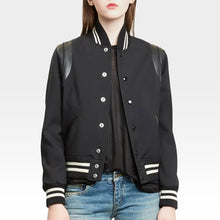 Load image into Gallery viewer, Black Varsity Bomber Jacket with Leather Trim