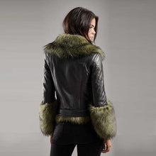 Load image into Gallery viewer, Black Leather Biker Jacket with Green Faux Fur Collar and Trim