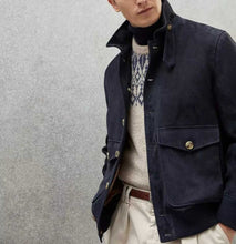 Load image into Gallery viewer, Blue Suede Flight Bomber Jacket for Men