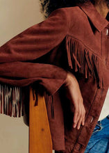 Load image into Gallery viewer, Burgundy Suede Fringe Biker Leather Jacket for Women
