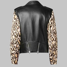 Load image into Gallery viewer, Men’s Black Studded Leather Biker Jacket with Printed Leopard Sleeves
