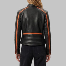 Load image into Gallery viewer, Women's Black Leather Biker Jacket with Orange Stripes