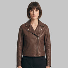 Load image into Gallery viewer, Women's Brown Koi Fish Embroidered Leather Biker Jacket