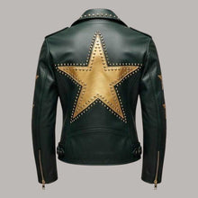 Load image into Gallery viewer, Green Leather Biker Jacket with Gold Stars