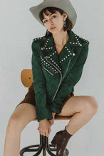 Load image into Gallery viewer, Green Studded Suede Leather Jacket for Women