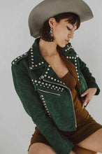 Load image into Gallery viewer, Green Studded Suede Leather Jacket for Women