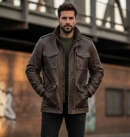 Handmade Brown M65 Leather Field Jacket Men - Glory Store UK