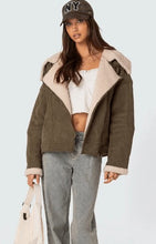 Load image into Gallery viewer, Khaki Suede Shearling Leather Jacket for Women