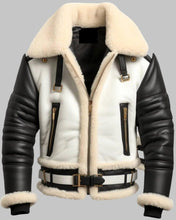 Load image into Gallery viewer, Men Black and White Aviator B3 Bomber Leather Jacket