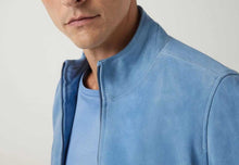 Load image into Gallery viewer, Men Blue Suede Leather Cafe Racer Jacket