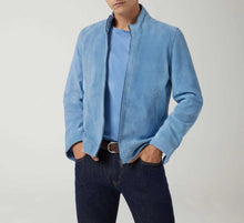 Load image into Gallery viewer, Men Blue Suede Leather Cafe Racer Jacket