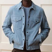 Load image into Gallery viewer, Men Blue Suede Leather Trucker Jacket