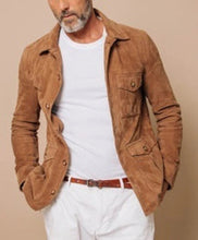 Load image into Gallery viewer, Men Brown Genuine Suede Leather Trucker Jacket