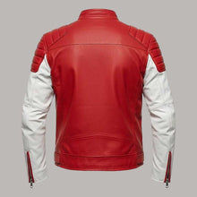 Load image into Gallery viewer, Men Red and White Leather Racing Jacket