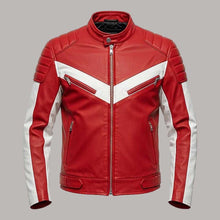 Load image into Gallery viewer, Men Red and White Leather Racing Jacket