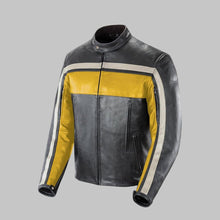 Load image into Gallery viewer, Men Black Leather Biker Jacket with Yellow and Grey Stripes