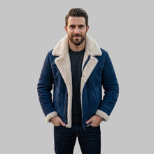 Load image into Gallery viewer, Men Blue Suede Shearling Leather Jacket