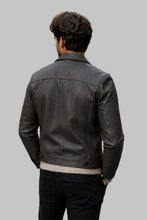 Load image into Gallery viewer, Back View of Men Classic Dark Gray Leather Trucker Jacket