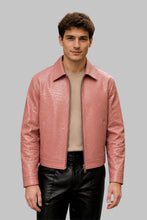 Load image into Gallery viewer, Front View of Men Pink Crocodile Embossed Leather Jacket