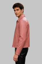 Load image into Gallery viewer, Side View of Men Pink Crocodile Embossed Leather Jacket