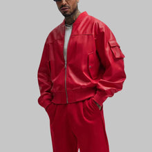 Load image into Gallery viewer, Men Red Oversized Leather Bomber Jacket