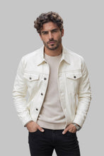 Load image into Gallery viewer, Front View of Men Stylish White Leather Trucker Jacket