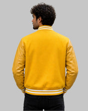 Load image into Gallery viewer, Back View of Men Yellow Wool and Leather Varsity Jacket