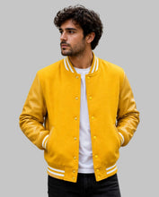 Load image into Gallery viewer, Front View of Men Yellow Wool and Leather Varsity Jacket