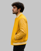 Load image into Gallery viewer, Side View of Men Yellow Wool and Leather Varsity Jacket