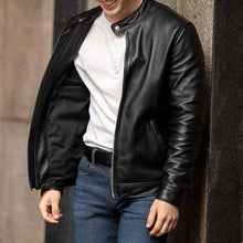 Load image into Gallery viewer, Men’s Handmade Black Lambskin Racer Leather Jacket