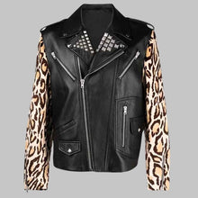 Load image into Gallery viewer, Men’s Black Studded Leather Biker Jacket with Printed Leopard Sleeves