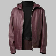 Load image into Gallery viewer, Men’s Stylish Maroon Hooded Leather Jacket
