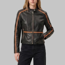 Load image into Gallery viewer, Women's Black Leather Biker Jacket with Orange Stripes