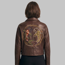 Load image into Gallery viewer, Women's Brown Koi Fish Embroidered Leather Biker Jacket