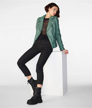 Load image into Gallery viewer, Sea Green Womens Distressed Leather Biker Jacket