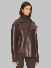 Load image into Gallery viewer, Women Classic Dark Brown Oversized Leather Bomber Jacket