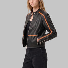 Load image into Gallery viewer, Women's Black Leather Biker Jacket with Orange Stripes