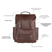 Load image into Gallery viewer, The City Brown Leather Backpack with Laptop Compartment