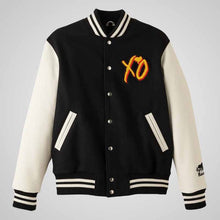 Load image into Gallery viewer, Black and white varsity jacket with 'XO' logo