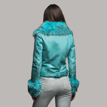 Load image into Gallery viewer, Turquoise Leather Biker Jacket with Faux Fur Trim