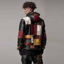 Load image into Gallery viewer, Vintage Patchwork Leather Hoodie Multicolor Retro Jacket