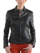 Load image into Gallery viewer, Women Black Cafe Racer Leather Jacket
