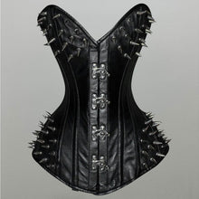 Load image into Gallery viewer, Women Black Leather Overbust Corset with Spikes