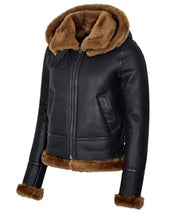 Load image into Gallery viewer, Women Black Shearling Bomber Leather Jacket With Removable Hood