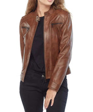 Load image into Gallery viewer, Women Brown Pure Lambskin Leather Biker Moto Jacket